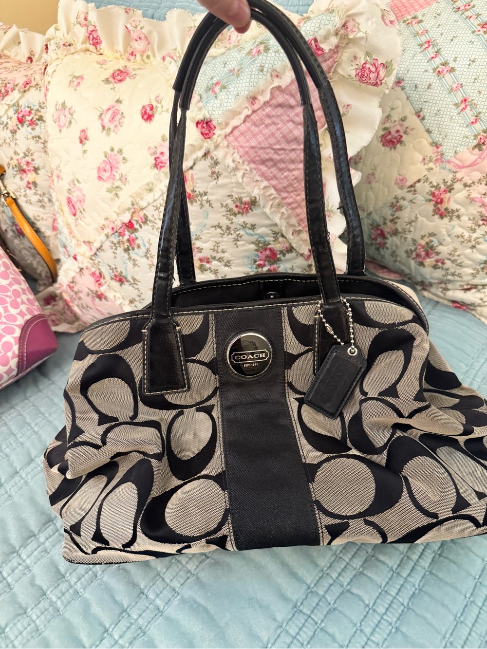 Coach Black and Beige Signature Shoulder Bag